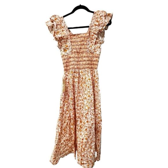 O.P.T Smocked Waist Ruffle Scilla Midi Dress Orange Floral Size Small NWOT - Picture 7 of 13